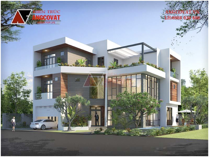 Phối cảnh view 2: Thiết kế biệt thự nhà vườn ở nông thôn 3 tầng hiện đại 2 mặt tiền