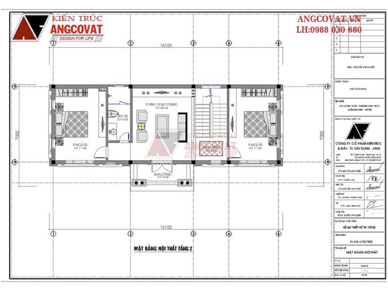 Mặt bằng tầng 2: Biệt thự mini 2 tầng tân cổ điển mặt tiền 17m mái ngói đỏ tươi