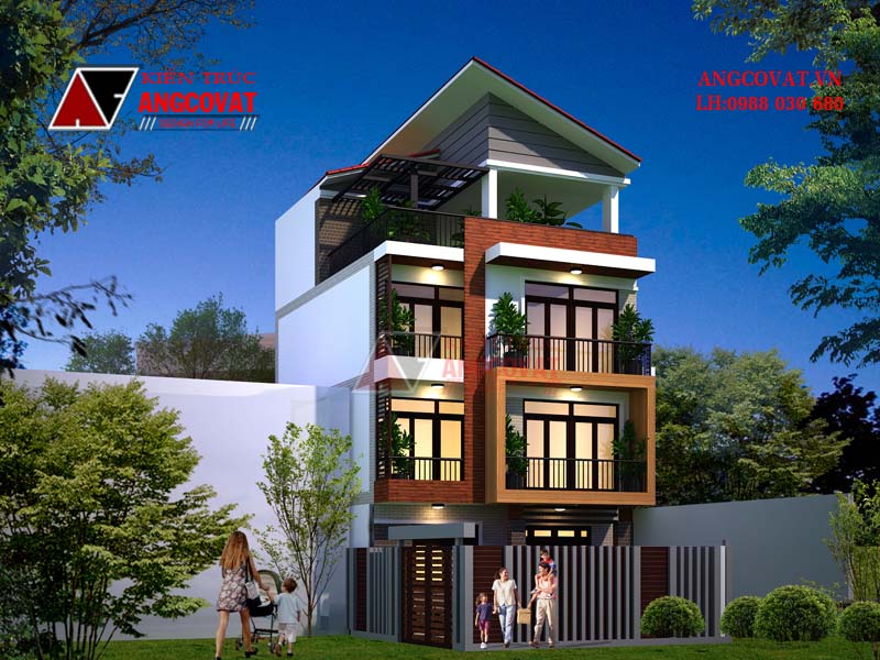 Hình ảnh mặt tiền nhà 3 tầng đẹp mái lệch hiện đại