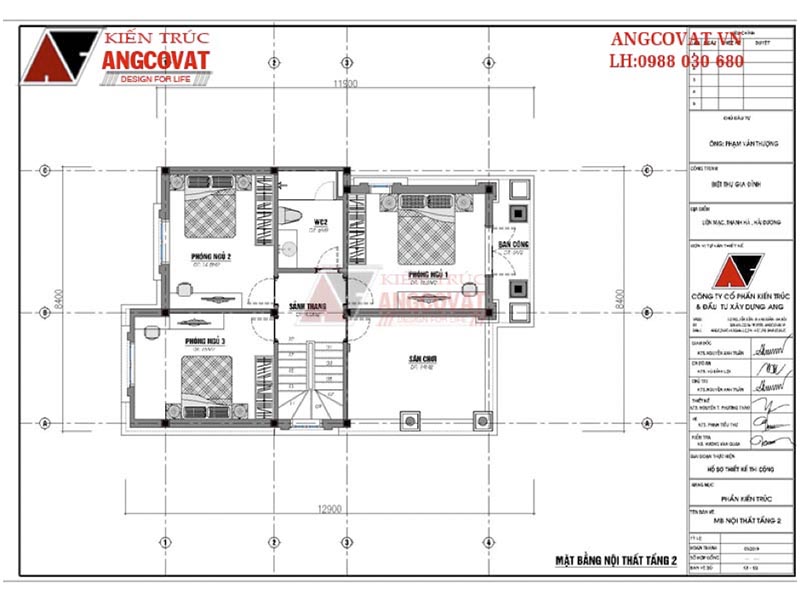 Mặt bằng tầng 2: Biệt thự mini 2 tầng tân cổ điển diện tích 90m2 có 3 phòng ngủ