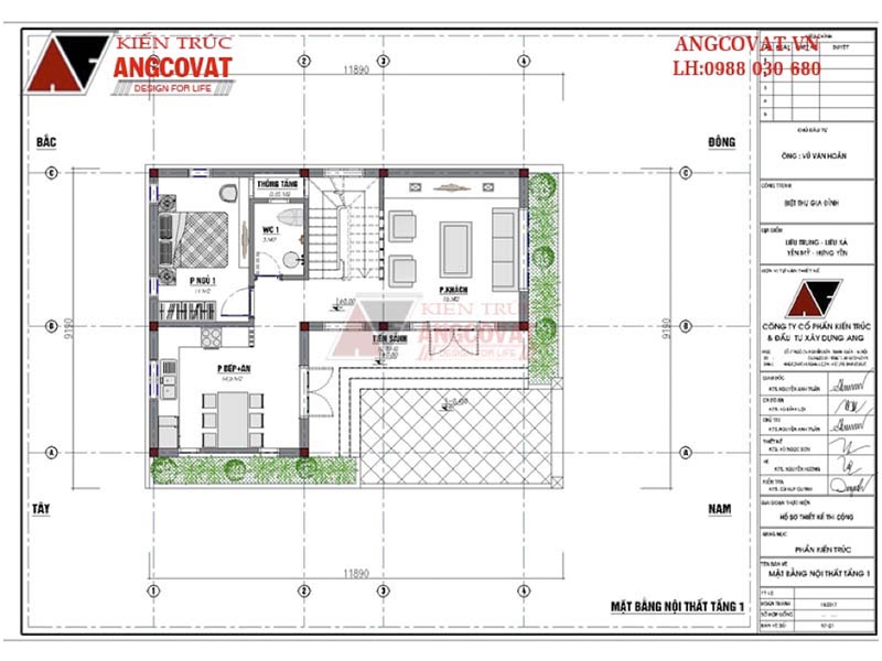 Mặt bằng tầng 1: Thiết kế nhà chữ L 90m2 3 tầng kích thước 9x12m có 4 phòng ngủ