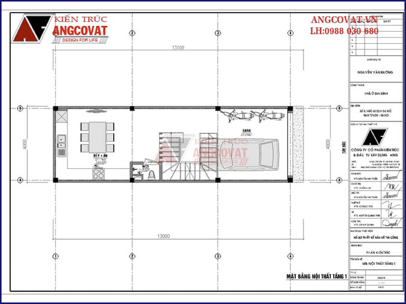 Mặt bằng tầng 1: Mẫu nhà ống có gara oto 4 tầng mặt tiền 4m diện tích 50m2