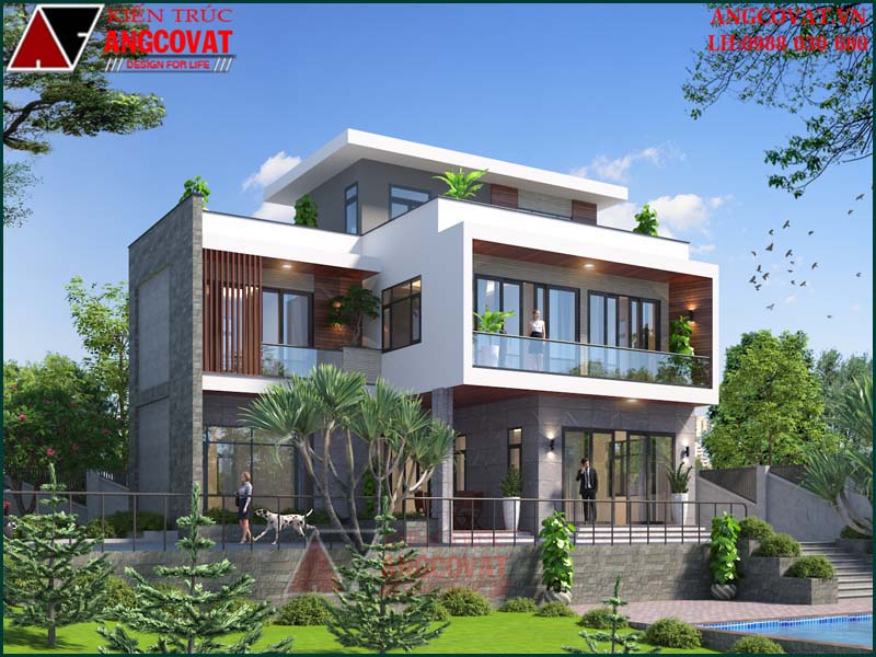 Bản vẽ nhà 2 tầng kiến trúc độc đáo có 1 tum