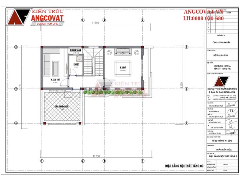 Mặt bằng tầng 3: Thiết kế nhà chữ L 90m2 3 tầng kích thước 9x12m có 4 phòng ngủ