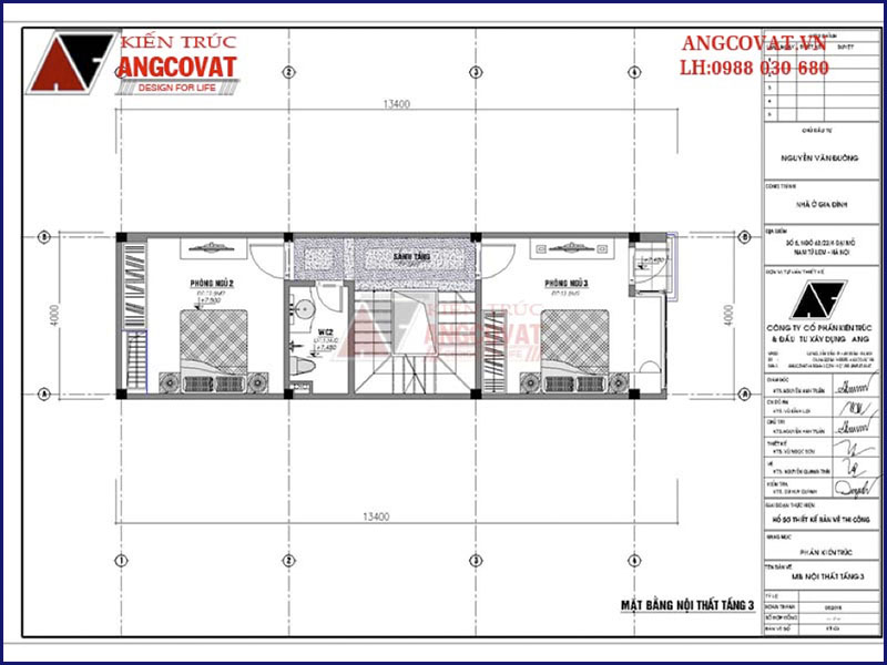 Mặt bằng tầng 3: Mẫu nhà ống có gara oto 4 tầng mặt tiền 4m diện tích 50m2