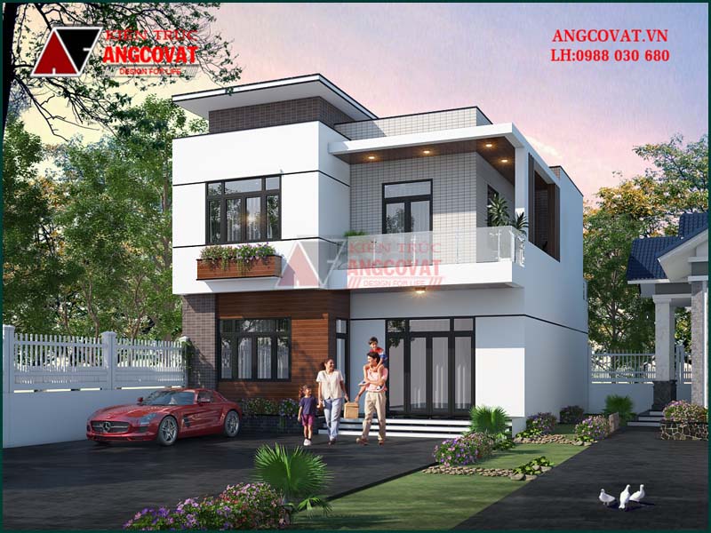 Nhà 2 tầng kiến trúc độc đáo kiểu hiện đại mái bằng