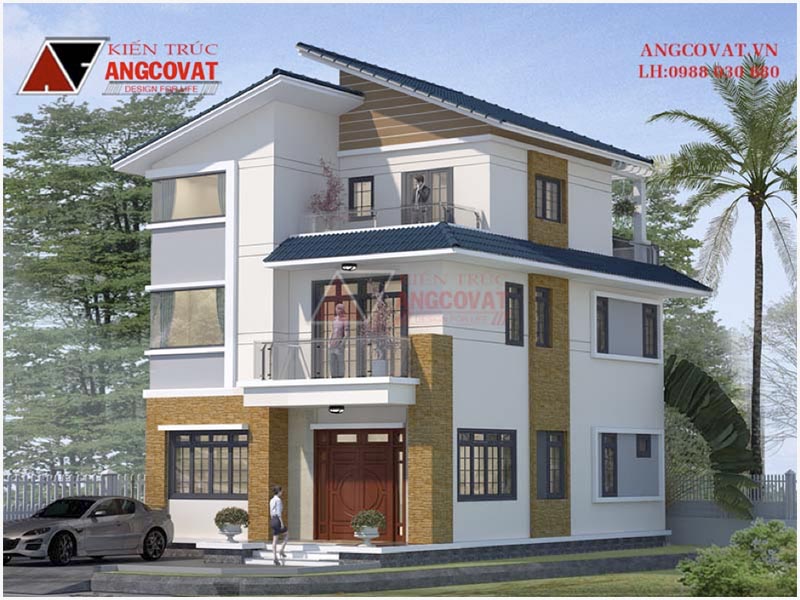 Hình ảnh view 1: Phối cảnh biệt thự mặt tiền 8m 3 tầng mái lệch hiện đại 90m2