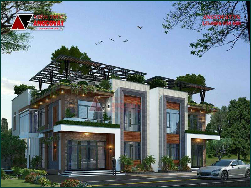 Mẫu nhà 2 tầng kiến trúc độc đáo mặt tiền 10m