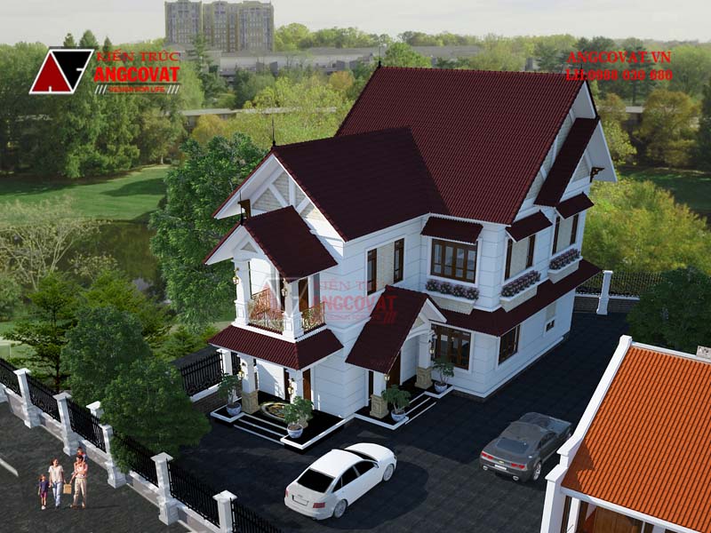Vẻ đẹp ngoại thất thiết kế nhà mái thái 2 tầng 4 phòng ngủ 8x18m