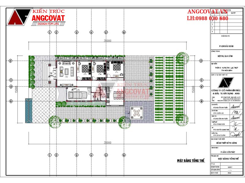 Mặt bằng tổng thể xanh mướt của mẫu nhà vườn 1 tầng 3 phòng ngủ