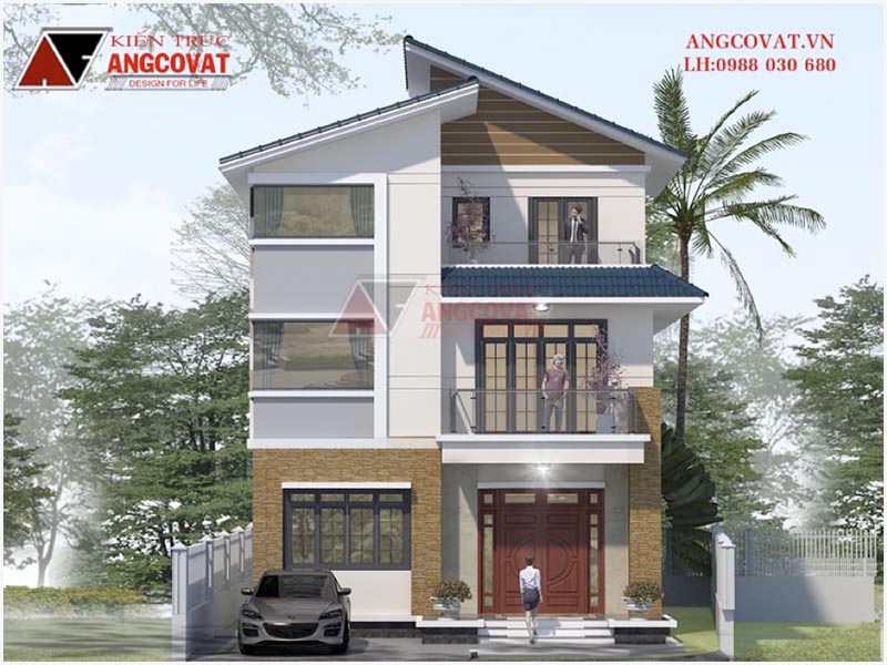 Hình ảnh view 2: Phối cảnh biệt thự mặt tiền 8m 3 tầng mái lệch hiện đại 90m2