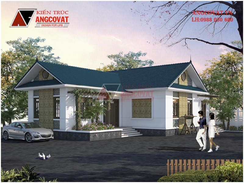 Phối cảnh 3D: Nhà trệt mái thái chữ L diện tích 160m2 có 3 phòng ngủ tại Bắc Giang