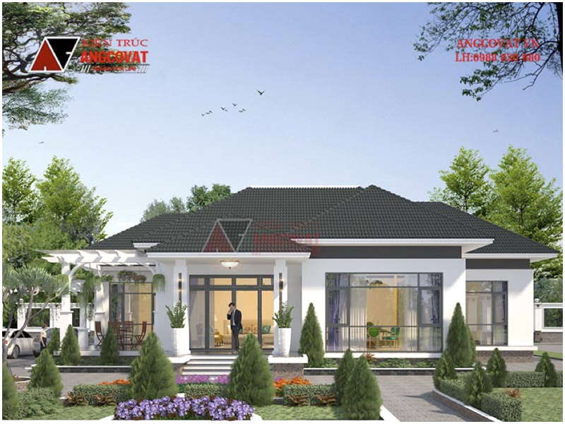 Thiết kế biệt thự nhà vườn ở nông thôn 1 tầng mái thái diện tích 210m2 – View 1