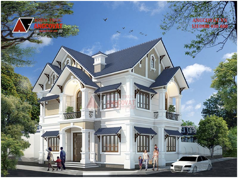 Phối cảnh view 1: Thiết kế biệt thự mini 2 tầng mái dốc diện tích 100m2 có 2 phòng ngủ