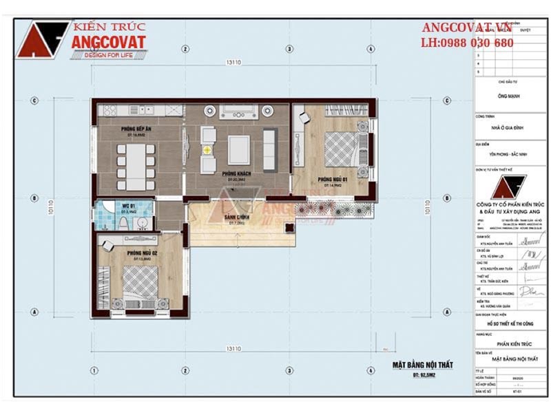 Mặt bằng: Thiết kế nhà chữ L 90m2 1 tầng có 2 phòng ngủ tại Bắc Ninh