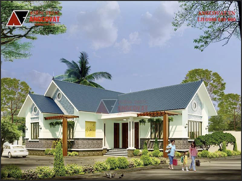 Phối cảnh view 1: Nhà cấp 4 130m2 3 phòng ngủ mái thái hình chữ L đơn giản