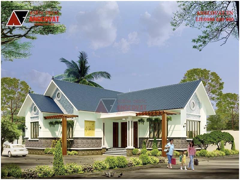 Phối cảnh 3D: Thiết kế nhà trệt mái thái chữ L diện tích 130m2 có 3 phòng ngủ