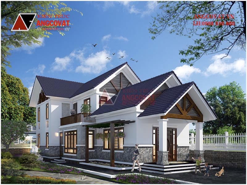 Thiết kế view 1: Phối cảnh biệt thự mặt tiền 8m 1 tầng có gác lửng 120m2