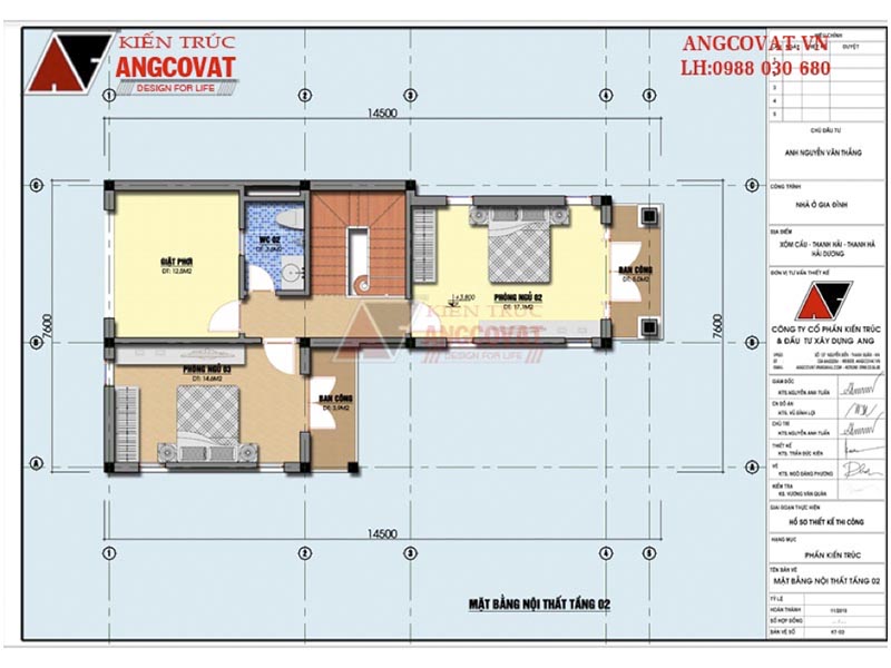 Mặt bằng tầng 2: Thiết kế biệt thự mini 2 tầng 80m2 hình chữ L có 3 phòng ngủ