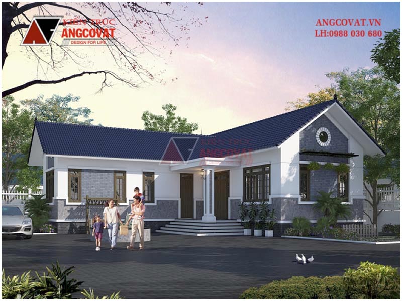 Phối cảnh: Thiết kế nhà chữ L 90m2 1 tầng 2 phòng ngủ tại Hải Dương