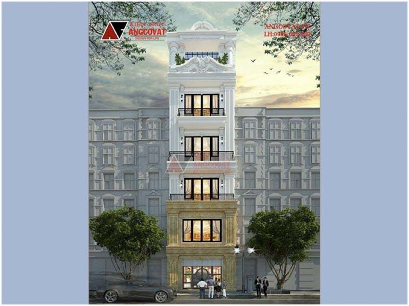Xây nhà 6 tầng hết bao kích thước 6x17m tại Thanh Trì – Hà Nội kiến trúc tân cổ điển – Hình ảnh phối cảnh