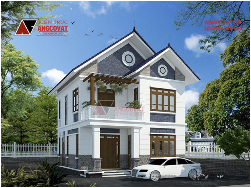 Phối cảnh view 1: Biệt thự mini 2 tầng mái dốc kích thước 8x10m của gia chủ tại Thái Bình