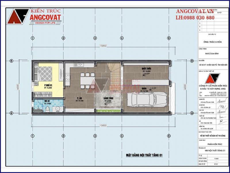 Mặt bằng tầng 1: Mẫu nhà ống có gara oto 3 tầng kích thước 6x16m tại Điện Biên