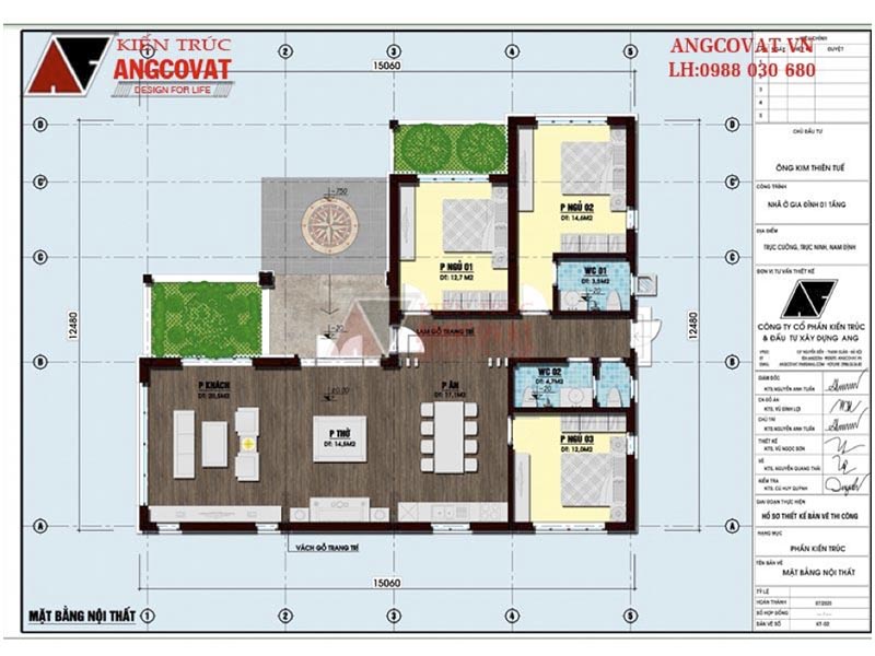 Mặt bằng nội thất: Thiết kế nhà trệt mái thái chữ L diện tích 130m2 có 3 phòng ngủ