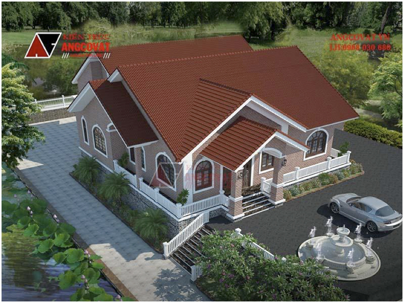 Phối cảnh view 2: Thiết kế biệt thự nhà vườn ở nông thôn 1 tầng độc đáo diện tích 220m2