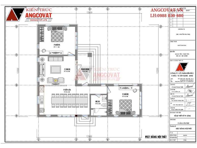 Mặt bằng: Thiết kế nhà chữ L 90m2 1 tầng 2 phòng ngủ tại Hải Dương