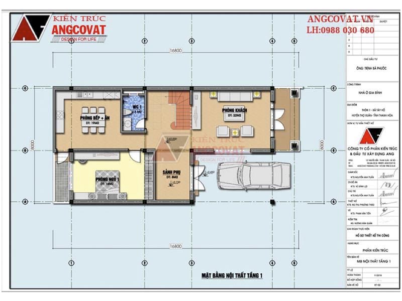 Mặt bằng biệt thự 8x16m tầng 1: Hồ sơ thiết kế biệt thự 2 tầng hình chữ L đơn giản