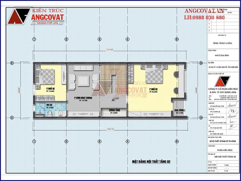 Mặt bằng tầng 2: Mẫu nhà ống có gara oto 3 tầng kích thước 6x16m tại Điện Biên