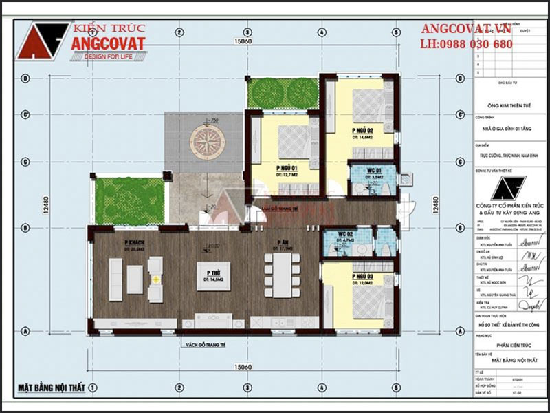 Mặt bằng nội thất: Nhà cấp 4 130m2 3 phòng ngủ mái thái hình chữ L đơn giản