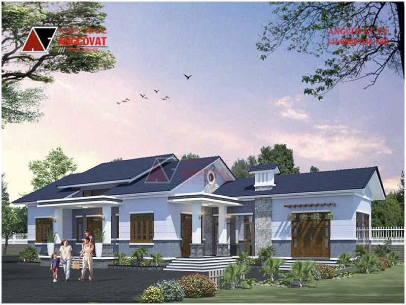 Phối cảnh view 1: Thiết kế biệt thự nhà vườn ở nông thôn đơn giản, độc đáo 200m2 3 phòng ngủ