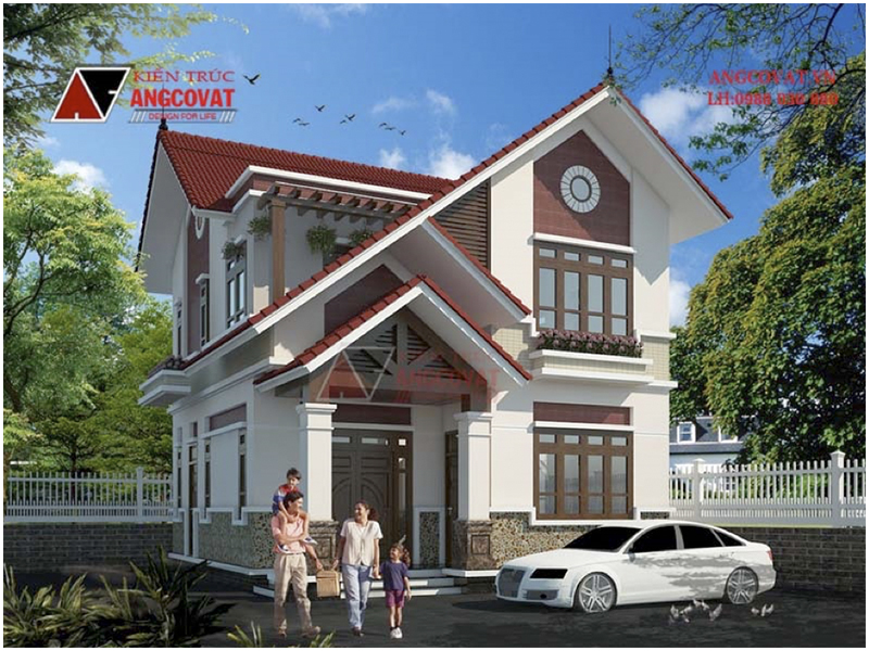 Phối cảnh view 1: Biệt thự mini 2 tầng mái dốc diện tích 85m2 mặt tiền 9m đơn giản, hiện đại