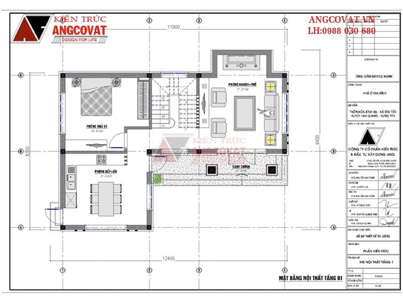 Mặt bằng tầng 1: Biệt thự mini 3 tầng mái thái hình chữ L 80m2 tại Hưng Yên