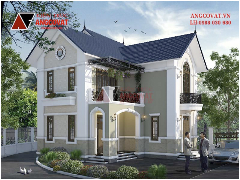 View 2: Mẫu biệt thự mini 2 tầng chữ L mặt tiền 10m kiến trúc tân cổ điển sang trọng