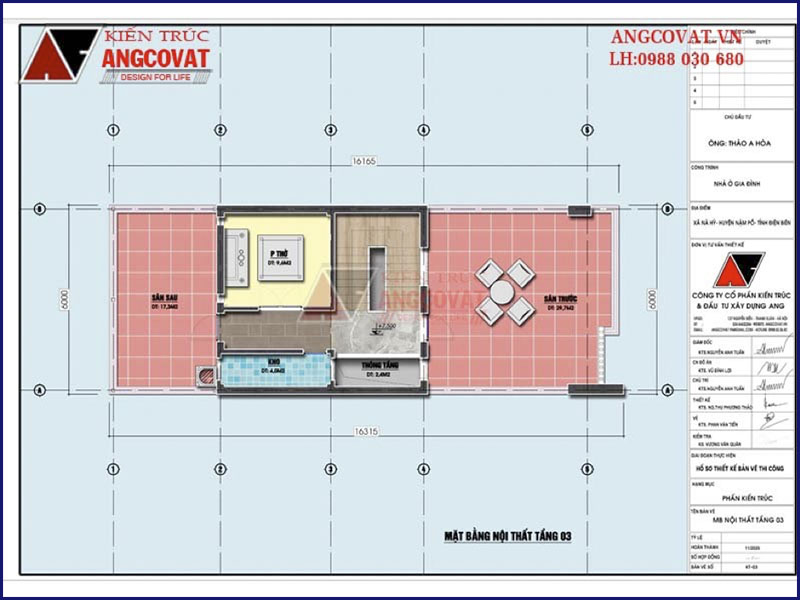 Mặt bằng tầng 3: Mẫu nhà ống có gara oto 3 tầng kích thước 6x16m tại Điện Biên
