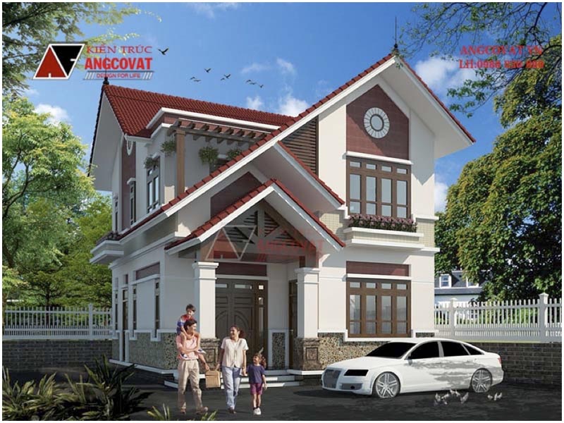 Phối cảnh view 1: Thiết kế biệt thự mini 2 tầng 80m2 mái dốc xinh đẹp có 3 phòng ngủ