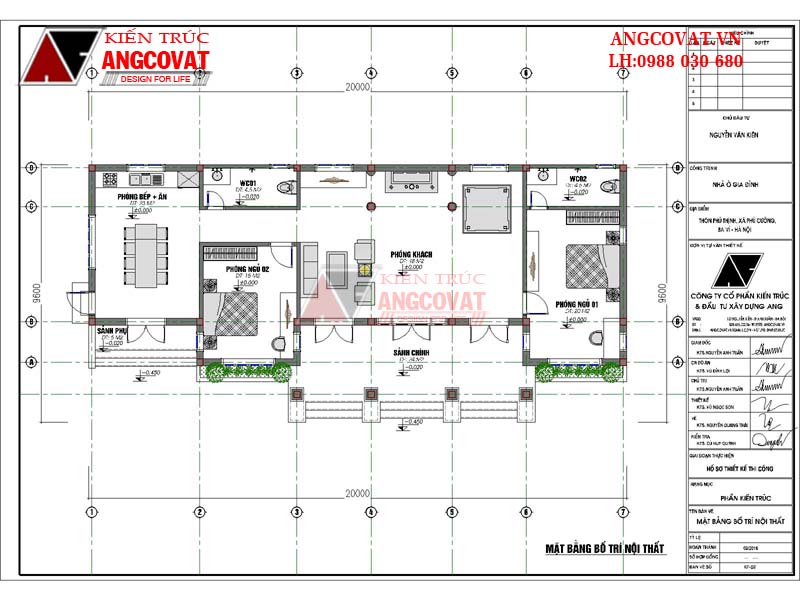 Bản thiết kế nhà 1 tầng 2 phòng ngủ có nội thất tiện nghi, thích hợp cho gia đình từ 2 đến 4 người cùng sinh sống