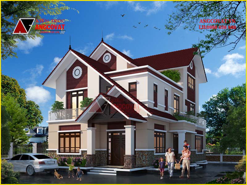 Bản vẽ 3D mẫu thiết kế nhà 2 tầng rưỡi đẹp diện tích 140m2