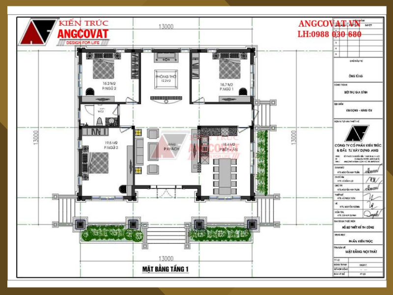 Bản vẽ mặt bằng tầng 1 nhà biệt thự vườn 1 tầng hình vuông