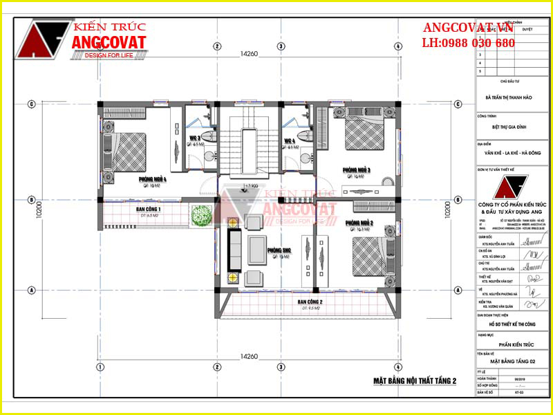 Bản vẽ mặt bằng tầng 2 mẫu nhà 2 tầng giả 3 tầng 110m2