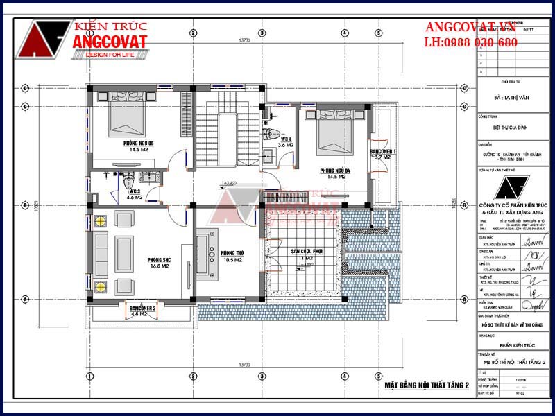 Bản vẽ mặt bằng tầng 2 nhà mái thái 2 tầng 120m2 5 phòng ngủ