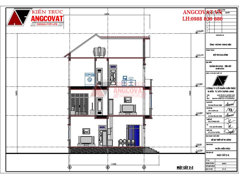 Mặt cắt 2-2 mẫu nhà chữ L 3 tầng đẹp
