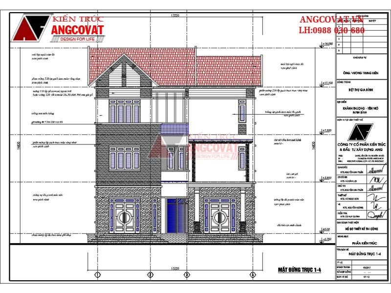 Mặt đứng trục 1-4 mẫu nhà chữ L 3 tầng đẹp