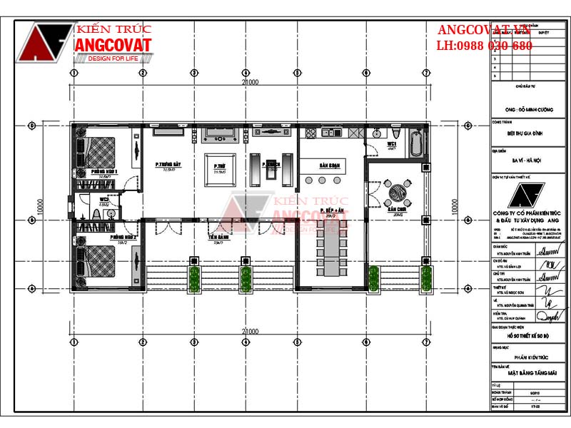 Bản vẽ nhà 2 phòng ngủ 1 phòng thờ cấp 4 3 gian 2 chái đẹp