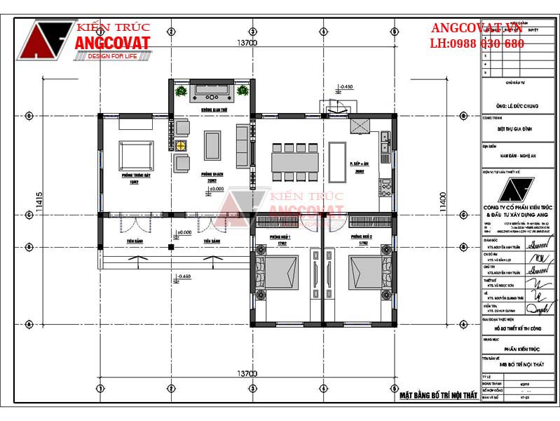 Mẫu bản vẽ nhà 2 phòng ngủ 1 phòng thờ cấp 4 hình chữ L mái thái đẹp