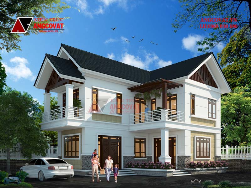 Mẫu nhà 2 tầng có 3 phòng ngủ mái thái sang trọng