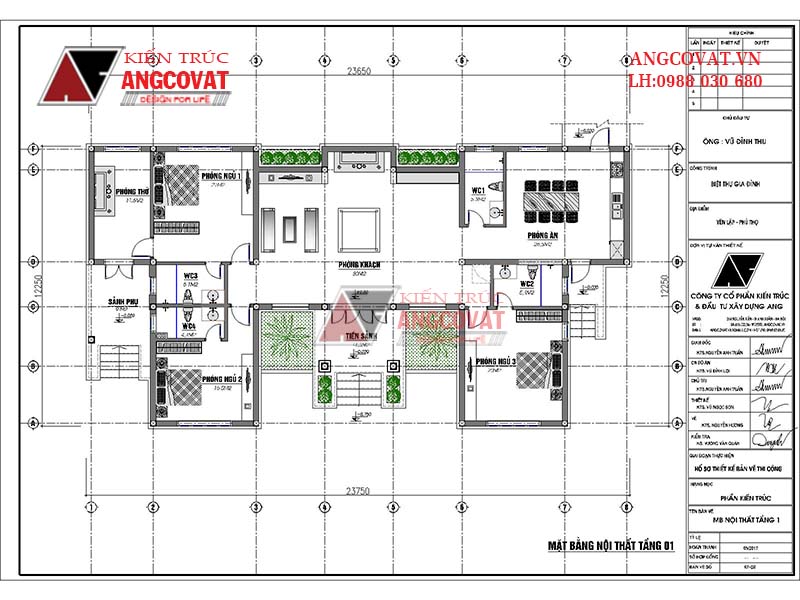 Bản vẽ nhà 3 phòng ngủ 1 phòng thờ 1 tầng chữ U 180m2 đẹp